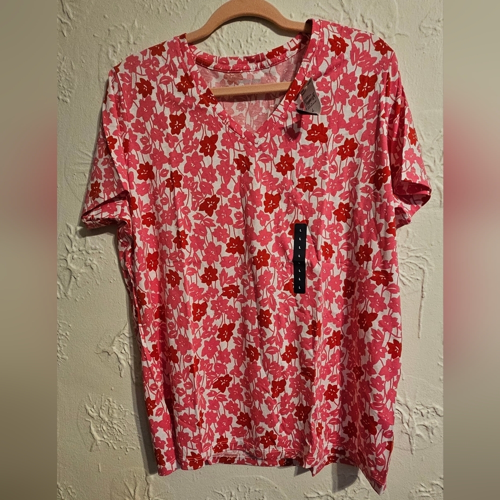 Lands' End Womens Supima Cotton Floral V Neck Short Sleeve NWT